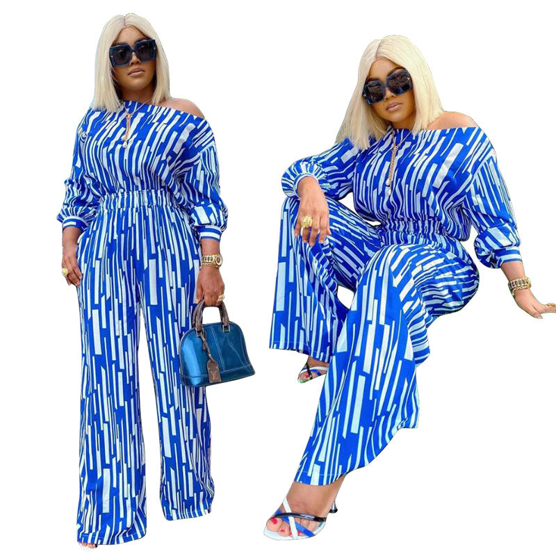 Printed Slant-Neckline Long-Sleeve Loose Casual Set