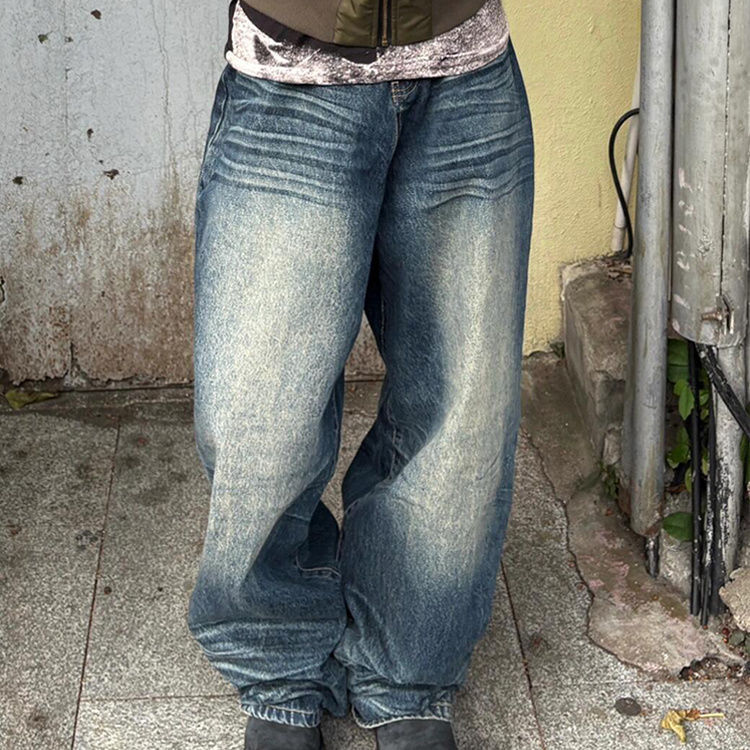 American Retro Worn Looking Washed-out Wide Leg Jeans