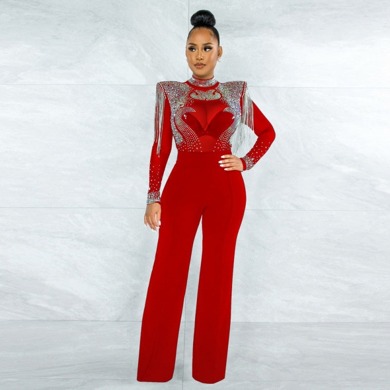Arrival Hot-Stone Embellished Tassel-Trimmed Shoulder Design Sheer Polyester Mesh Patchwork Jumpsuit