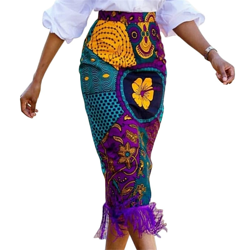 High Waist Print Stitching Tassel Hip Cross-border Plus Size Women's Party Skirt
