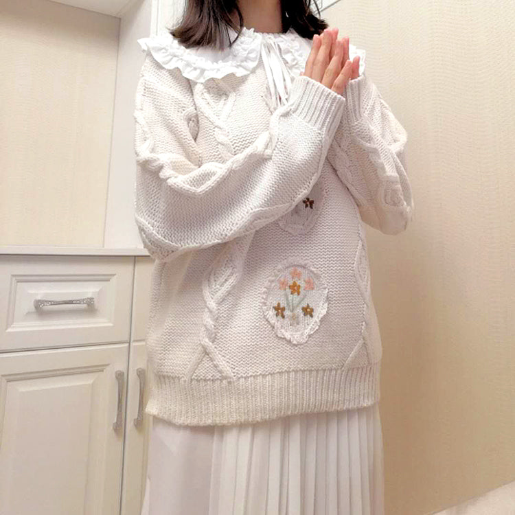 Japanese Vintage Childlike Handmade Small Flower Loose Sweater