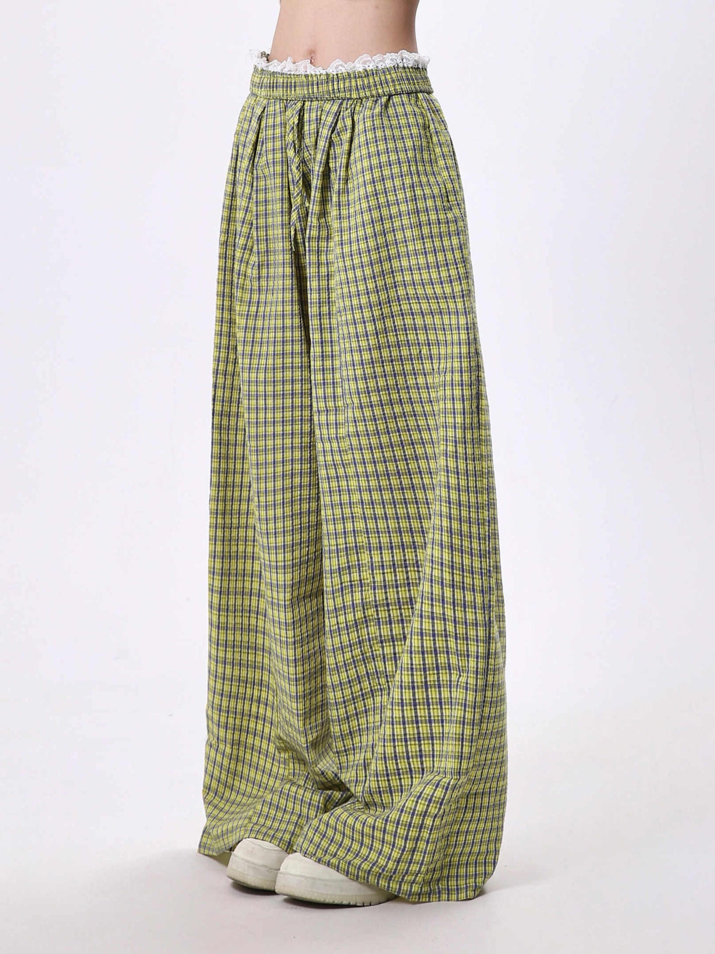Casual Pants Women's Lace Stitching Plaid Loose-fitting Wide Leg Pants