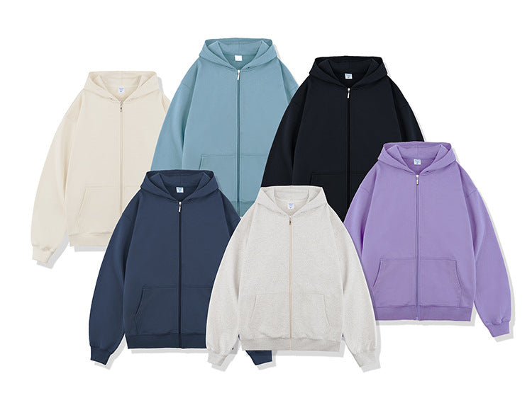 Autumn And Winter 450g Terry Loose Fashion Brand Zipper Hooded Sweater Solid Color