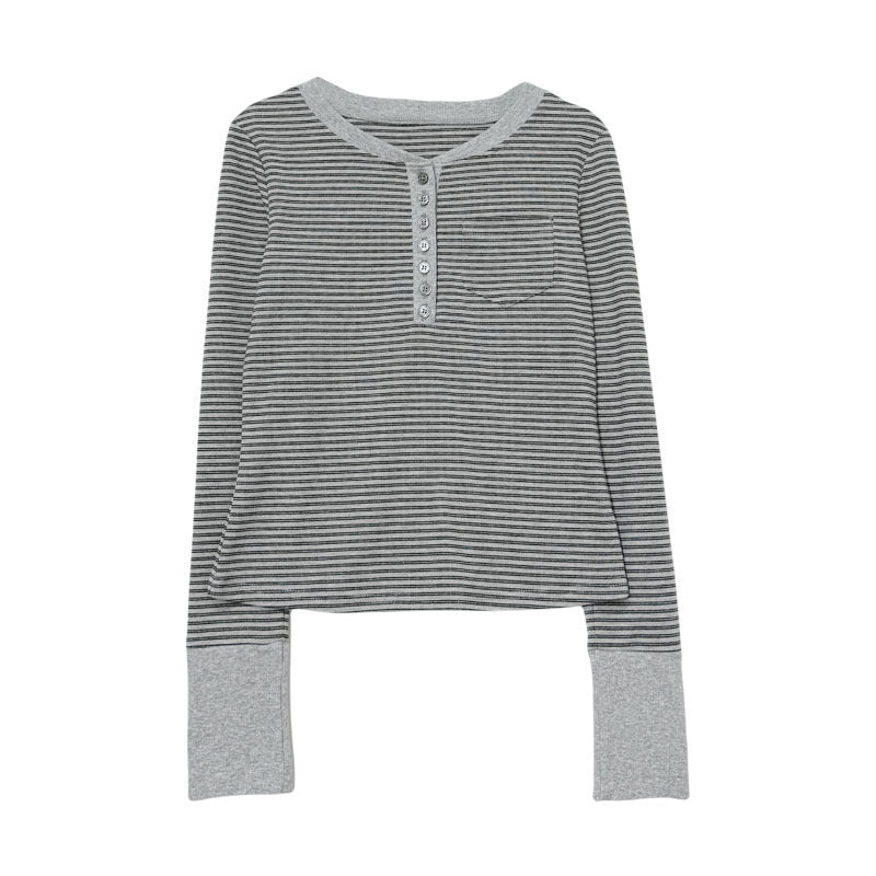 Striped Half-open Collar Long-sleeved T-shirt For Women