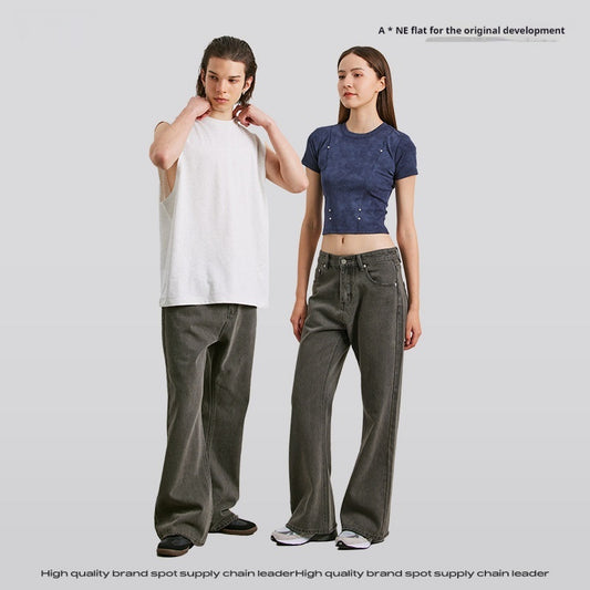 Mudfarvede Micro-pull Vaskede Slidte Cleanfit Lige Casual Jeansbukser