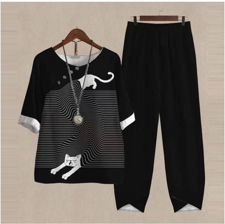 New Women's Five-quarter Sleeve Printed Top Two-piece Pants