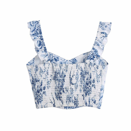 Retro Blue And White Porcelain Print Ruffle Sleeve Suspender Short Top