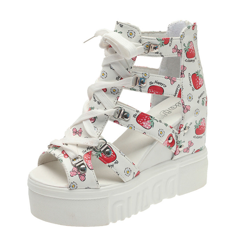 Platform Wedge Fish Mouth Print Sandals