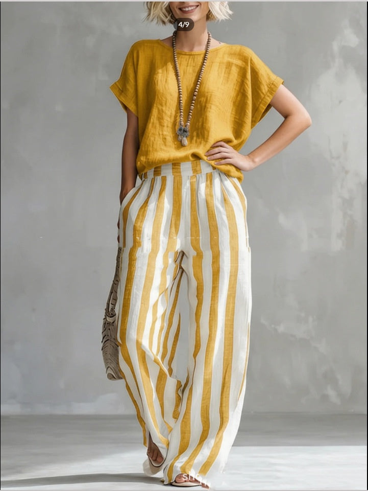 Women's Striped Cotton-Linen Two-Piece Set