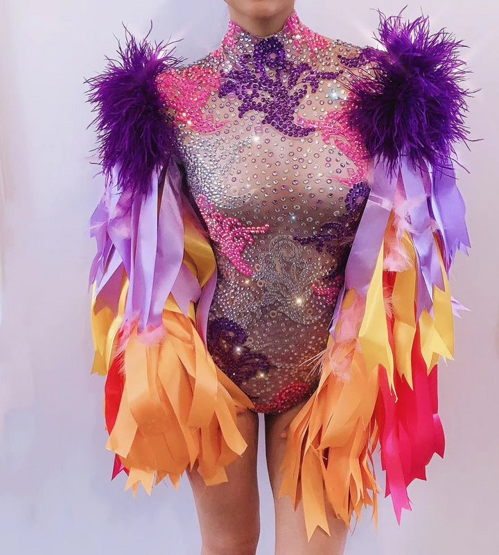 Women's Fashion Simple Print Full Of Diamonds Fur Ribbon One-piece Performance Clothes