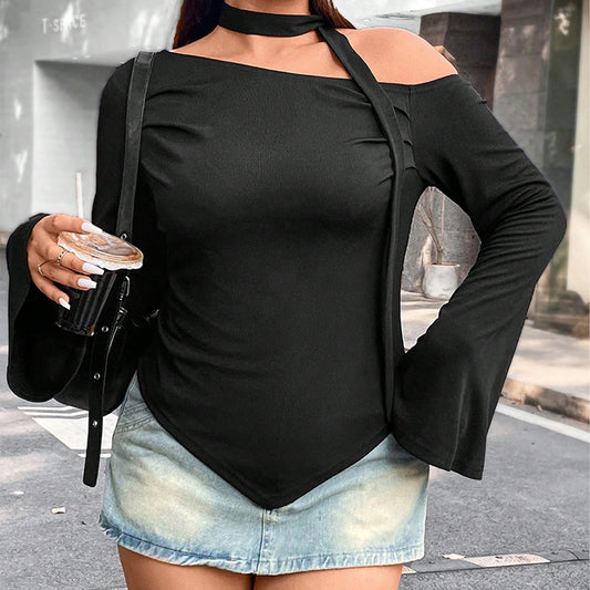 Dame, uregelmæssig, langærmet, kort, figursyet off-shoulder top