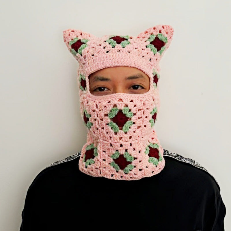 Handmade Mosaic Sleeve Cap Retro Hollow Ear Protection Scarf Integrated With Hat