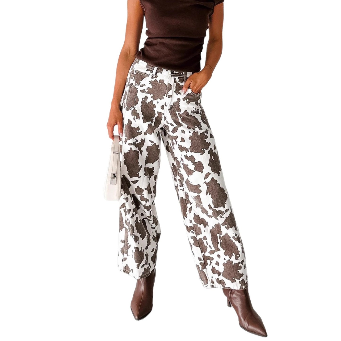 Washed Cow-patterned Wide-leg Jeans