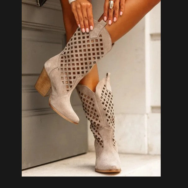 Womens Plus-Size Cutout Mesh Over-the-Knee Short Boots