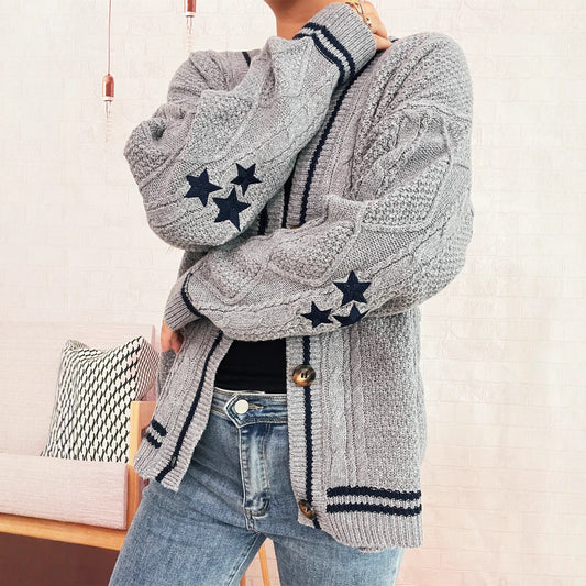 Street Arm Embroidery Knitted Coat V-collar Contrast Color Sweater