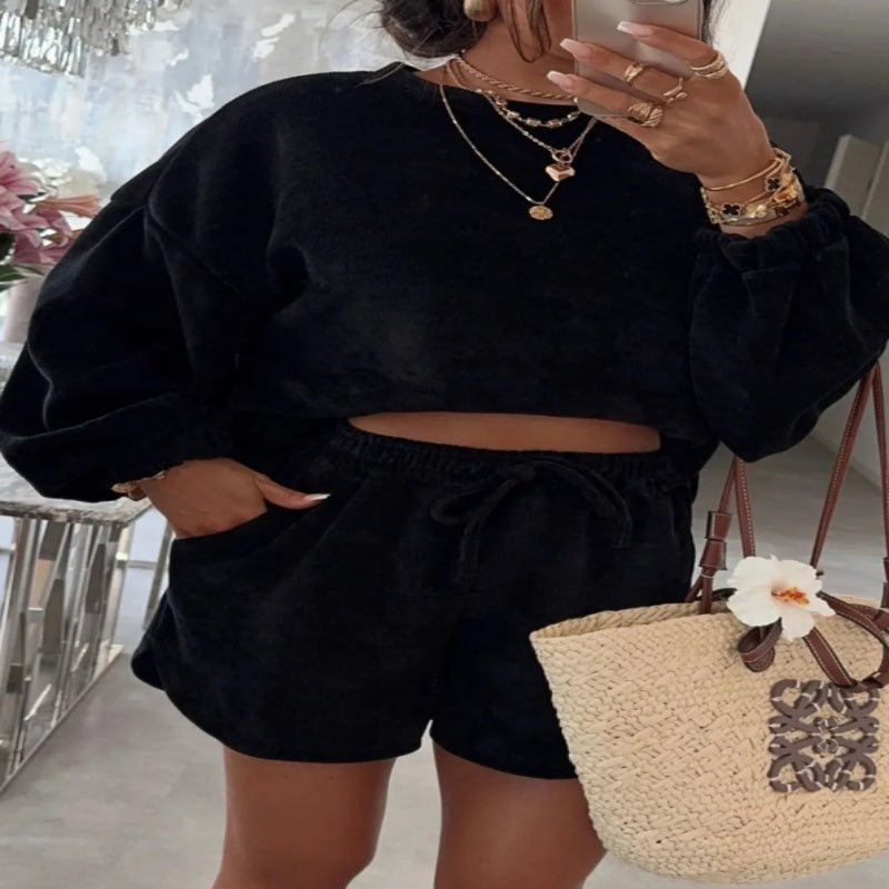 Textured Knit Drop Shoulder Pullover Drawstring Shorts Set