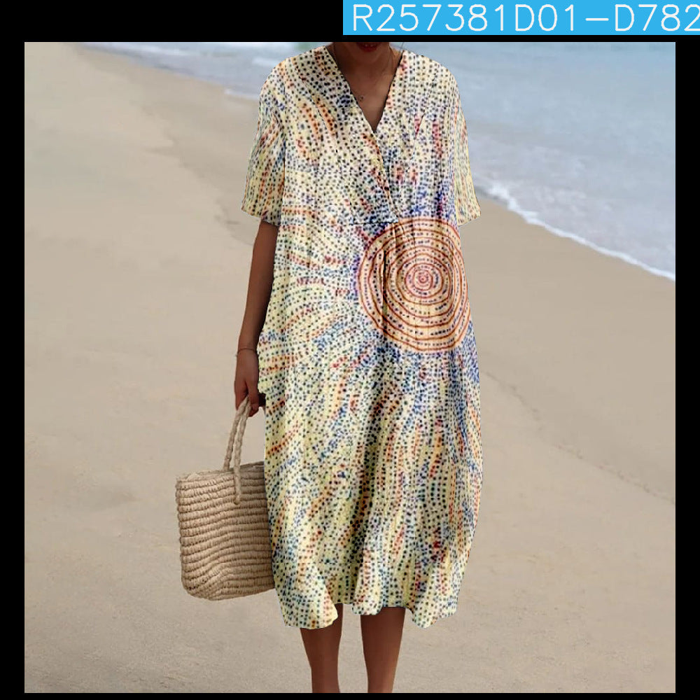 Women's Fashion V-Neck Short-Sleeve Shirt Dress