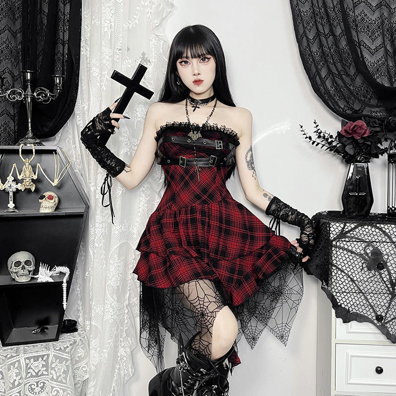 Chic Sophisticated Red Plaid Tube Dress With A Sensual High-end Vibe