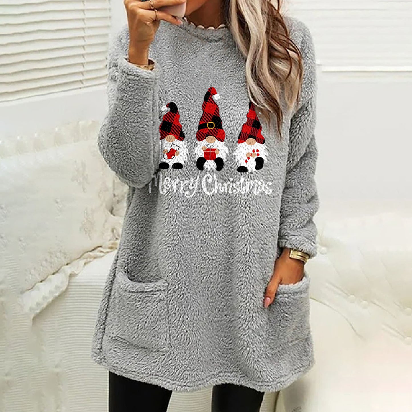Julebrevtryk Rund Hals Løs Langærmet Lomme Fleece Sweatshirt