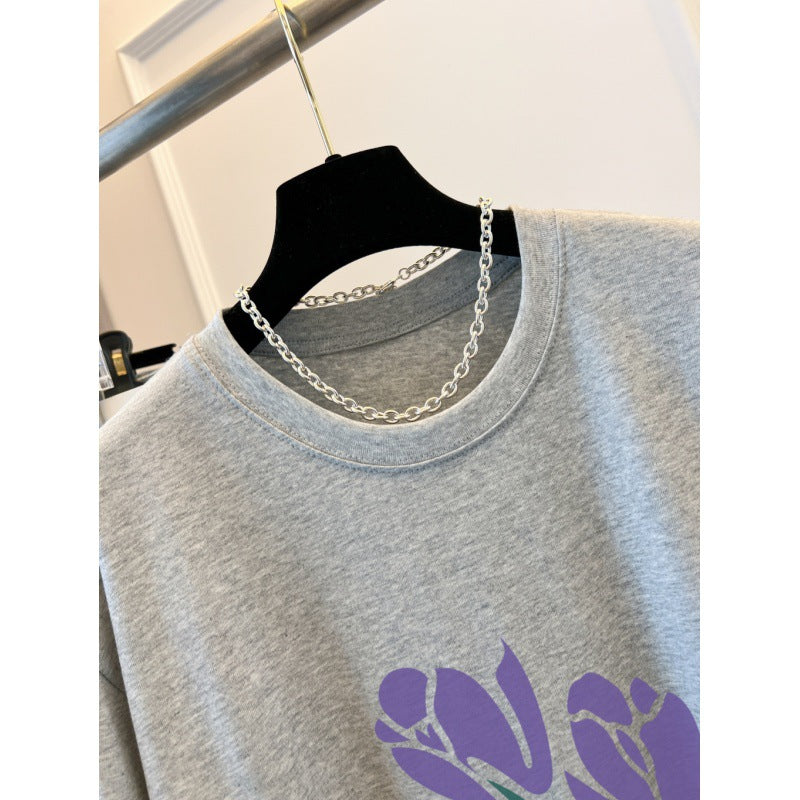 Combed Cotton Printed Summer Clothing Short Sleeve T-shirt Women's Loose Korean Style