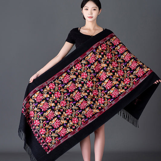 Rich Red Embroidered Winter Scarf For WomenSpringtime Blossoms All Around