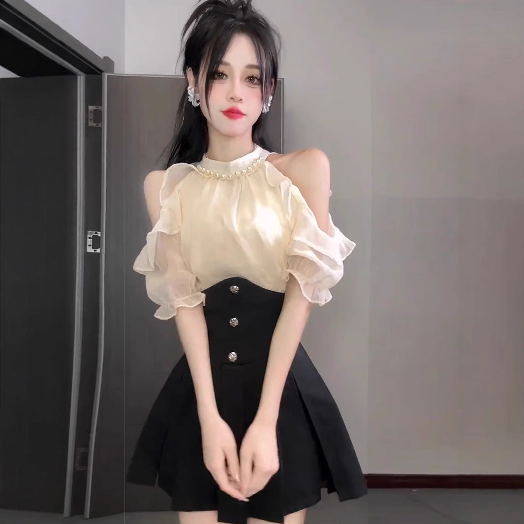 Womens Elegant Halterneck Off-shoulder Top And Skirt Two-piece Set