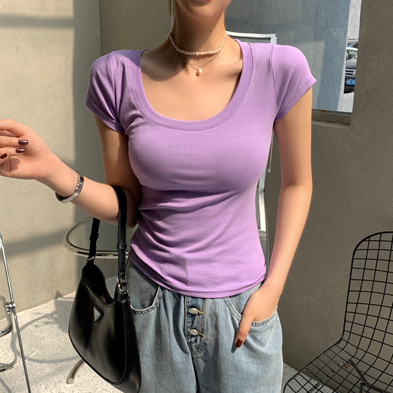 Cotton T-shirt Women's Short Sleeve Low Collar Collarbone