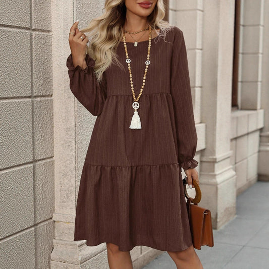 Womens Solid-Color Crew-Neck Casual All-Match Dress