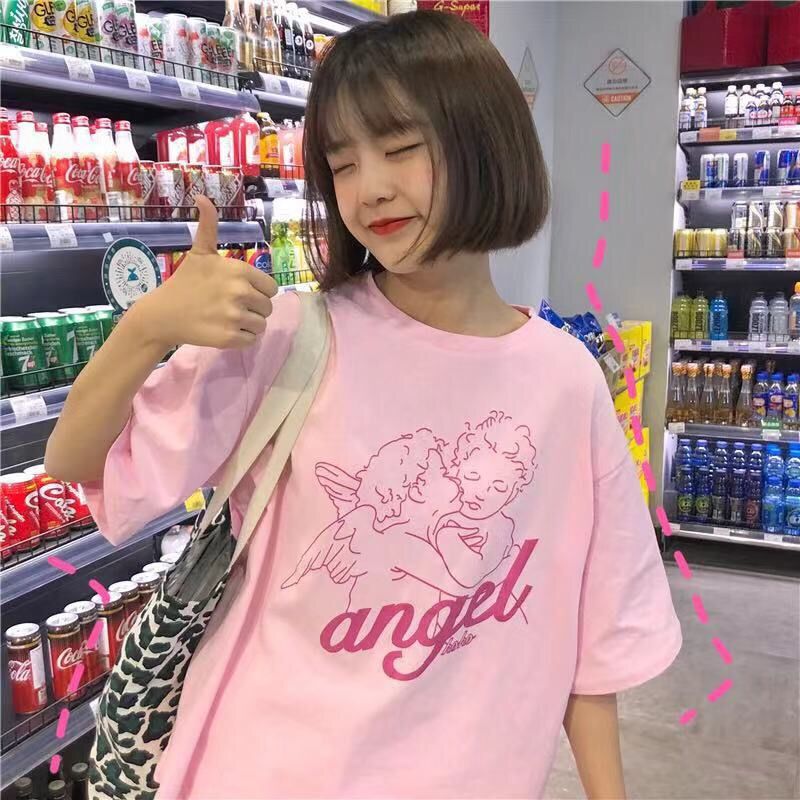 Women's Loose-Fitting Cute Little Angel Printed Short-Sleeve Top