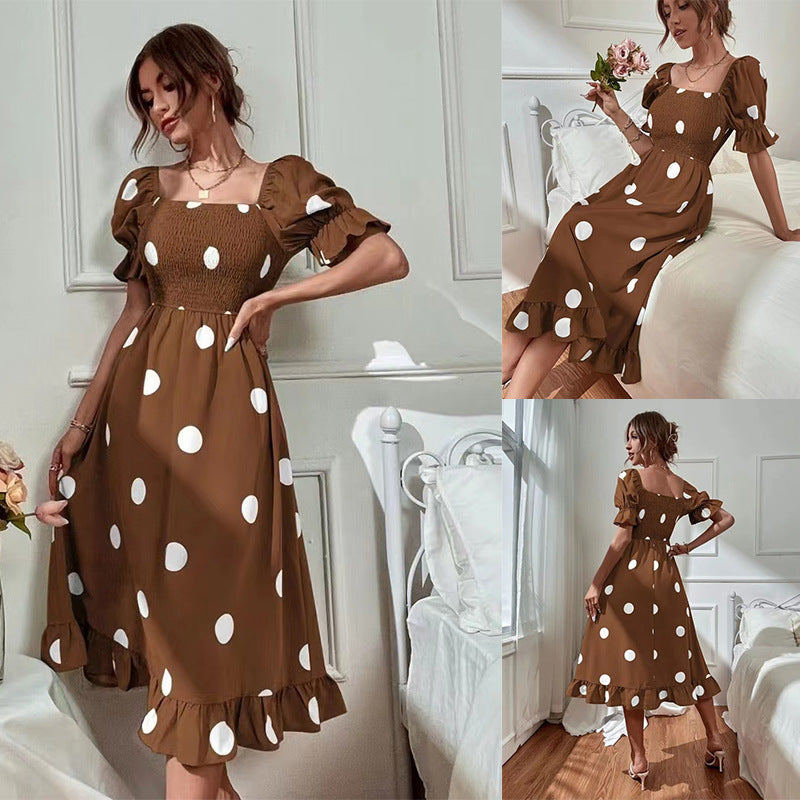 Big Round Dot Slim Fitting Sweet Ruffled Short Sleeved Dress