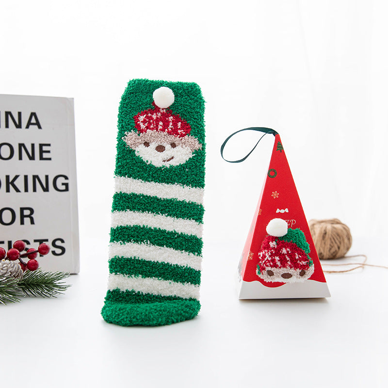 Christmas Stocking Triangle Boxed Coral Velvet Floor Socks Thickened