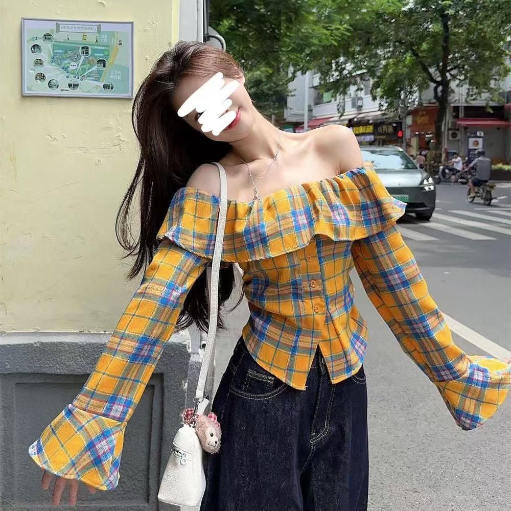 Ruffled Plaid Shirt Off-neck Off-the-shoulder Flared Sleeves