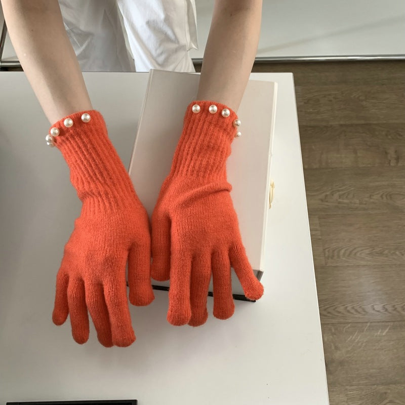 Solid Color Knitted Pearl Warm Knitted Gloves