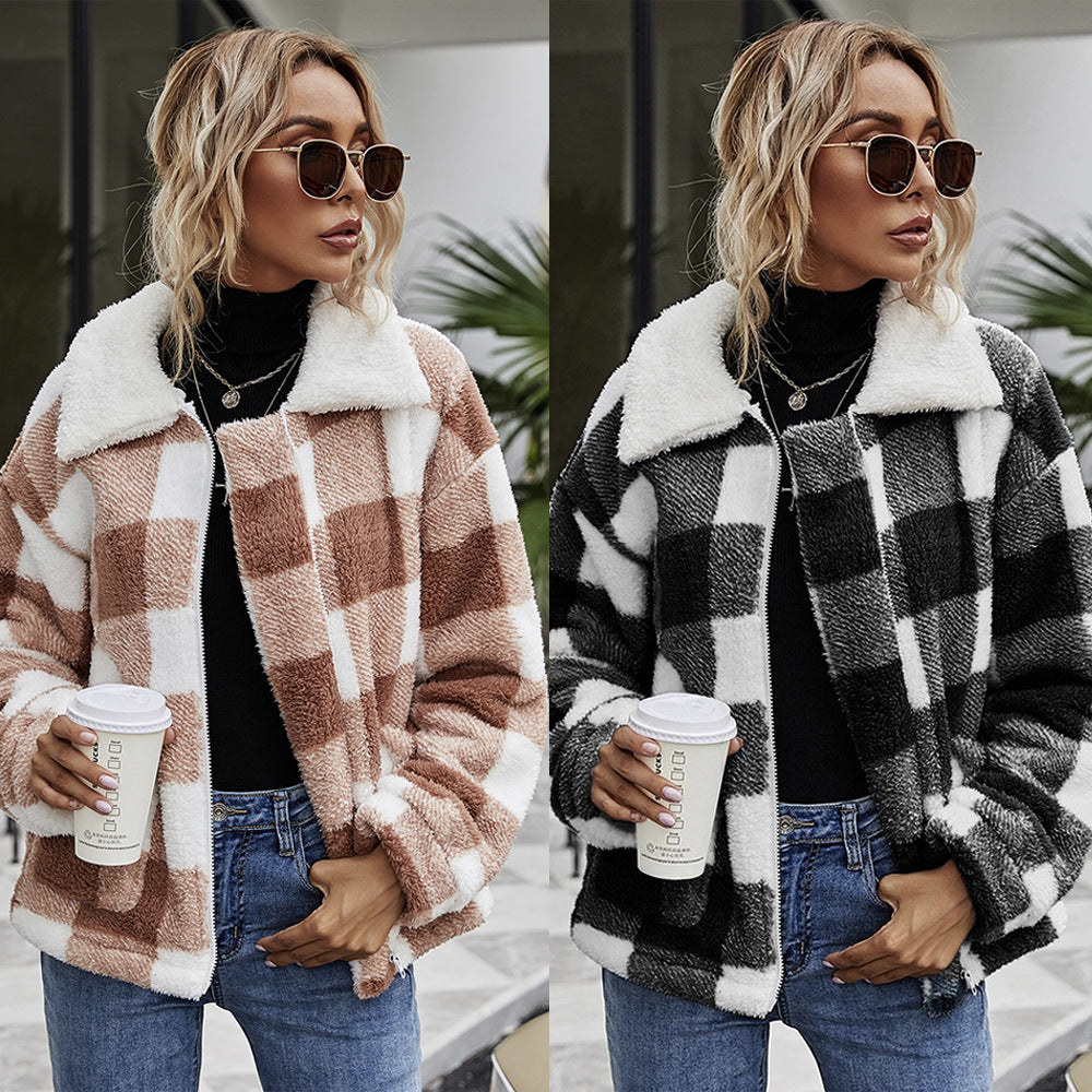 Plush Plaid Coat Loose Temperament Commuter Women