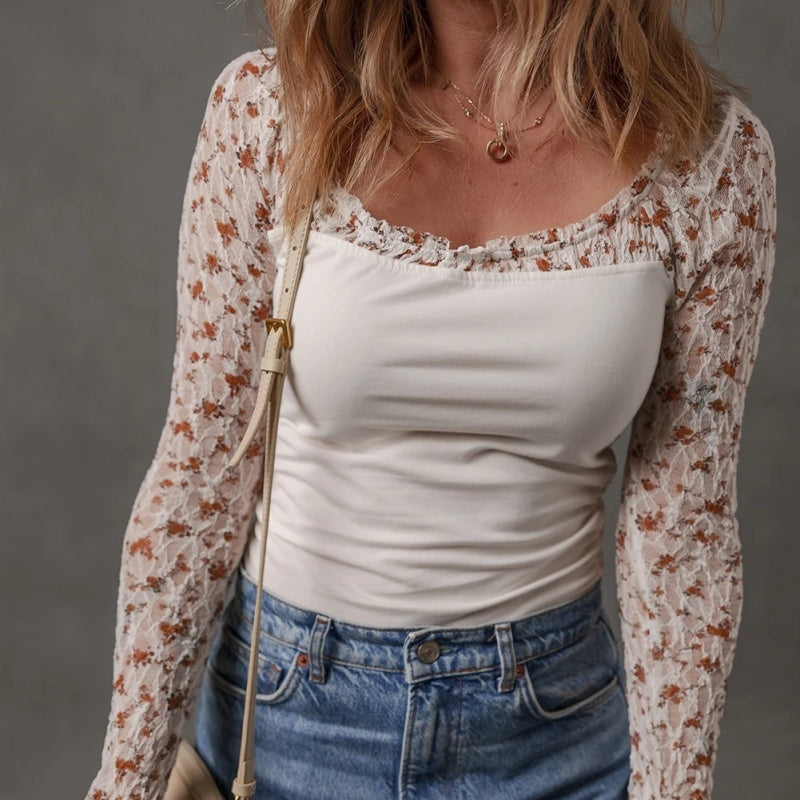 White Floral Lace Patchwork Square Neck Long Sleeve Top