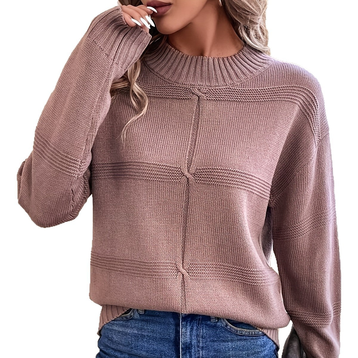 Semi-high Collar Textured Knit Sweater