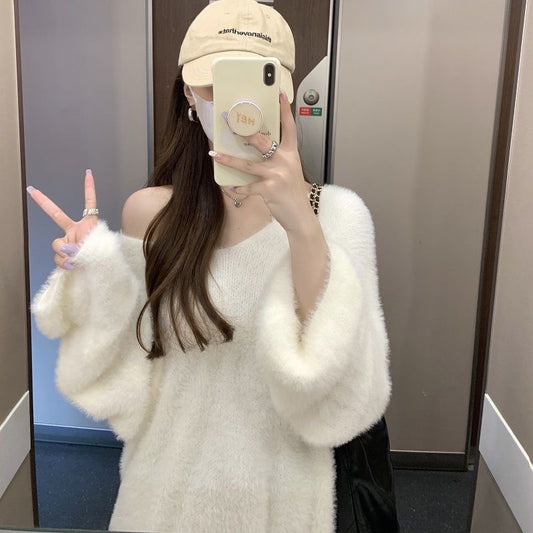 Idle Style V-neck Mink Fur Pullover Women's Mid-length Sweater