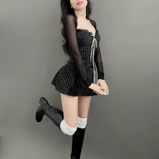 Winter New Mesh Long Sleeve Blouse Plaid Lace Vest Skirt Suit Women