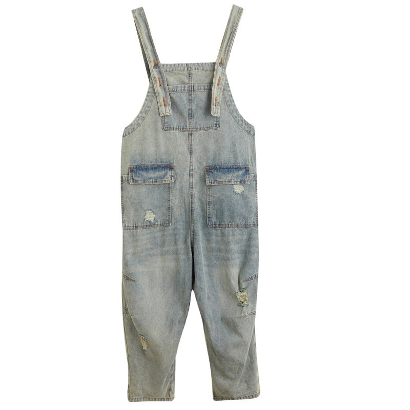 Retro Nostalgiske Ripped Denim Overalls til Kvinder