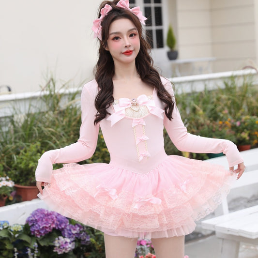 Elegant ballet-stil prinsesse sløjfe perle hjerte slankende kort top