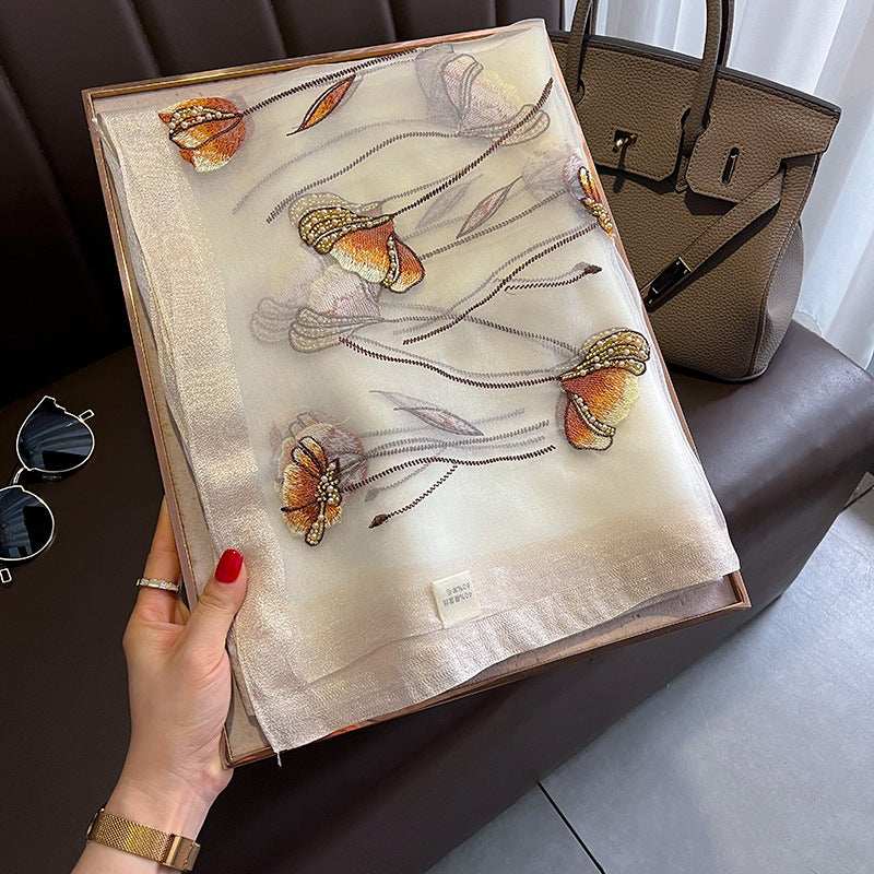 Chinese Style Pearl Flower Scarf Women's Embroidered Silk Scarf Warm Shawl