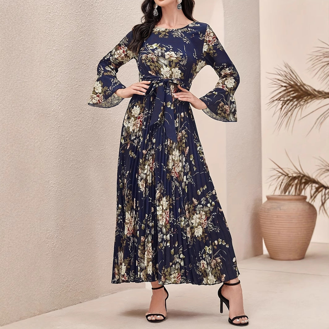 Round-neck Ruffled-sleeve Pleated-hem Dress