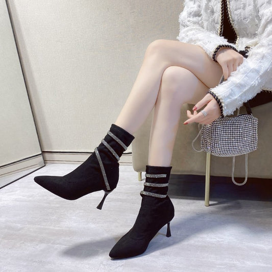 Pointed Fashion Boots Rhinestone French High Heels