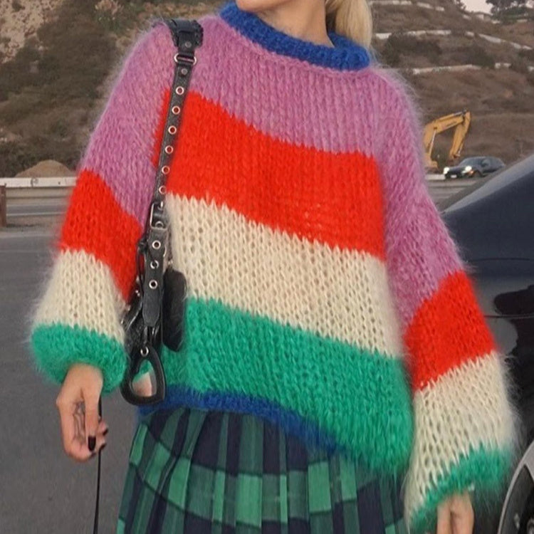 Round Neck Multicolor Lantern Sleeve Sweater Autumn And Winter
