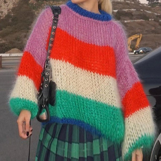 Round Neck Multicolor Lantern Sleeve Sweater Autumn And Winter