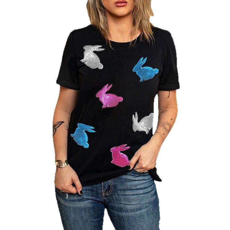 Neck Short Sleeve Pullover Personality Trend Sequin Stitching T-shirt