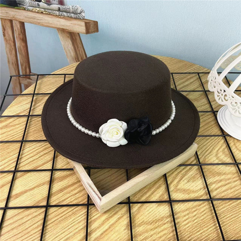 Vintage Hattedame Perlekæde Blomster Uld Flad Hat