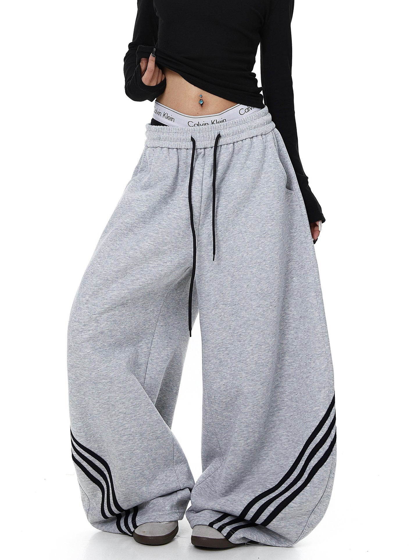 Womens American-Style Retro Striped Color-Block Patchwork Cropped Sweatpants