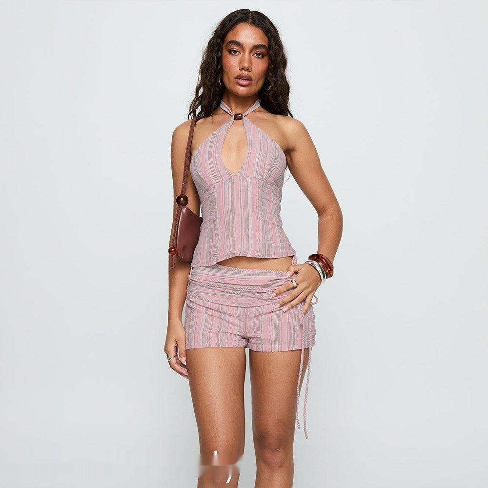 Fashionable Trendy Versatile Striped Top And Shorts Set