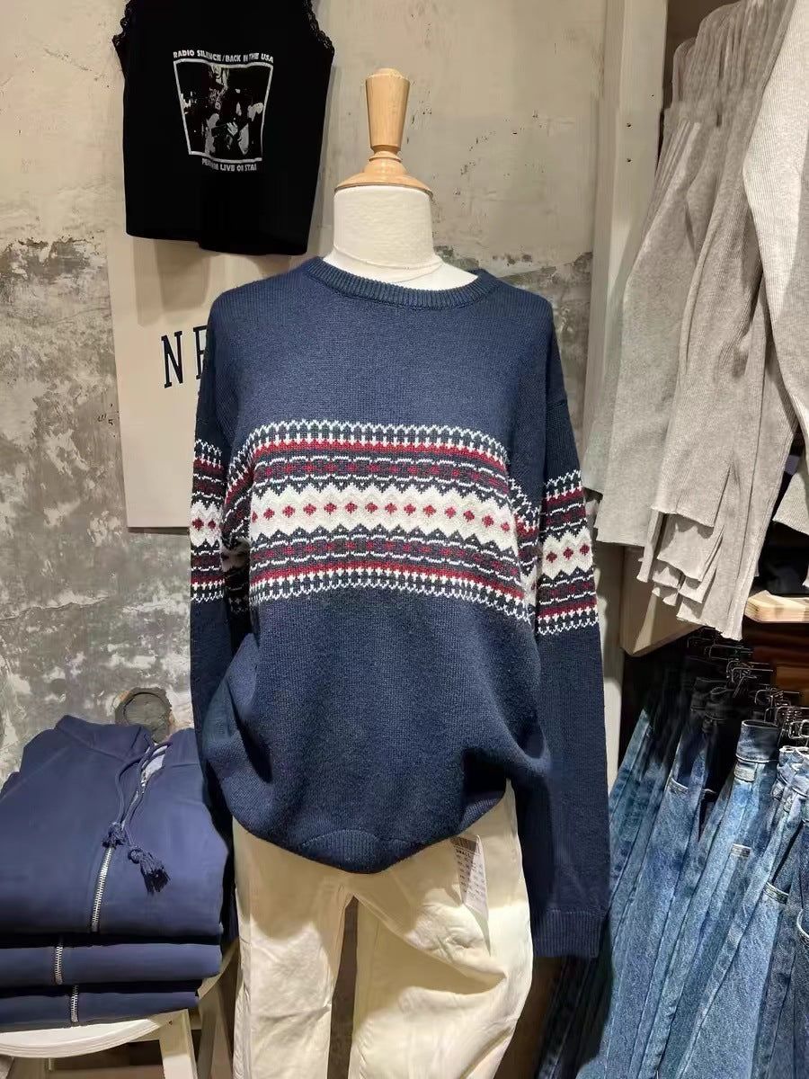 Round Neck Jacquard Diamond Plaid Long Sleeve Pullover Sweater